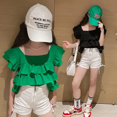 Girls Ruffled Square Collar Top 2022 Summer Set