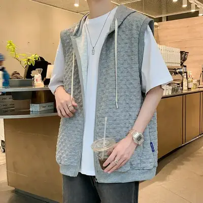 Men's Korean Style Hooded Vest Grey Loose Fit