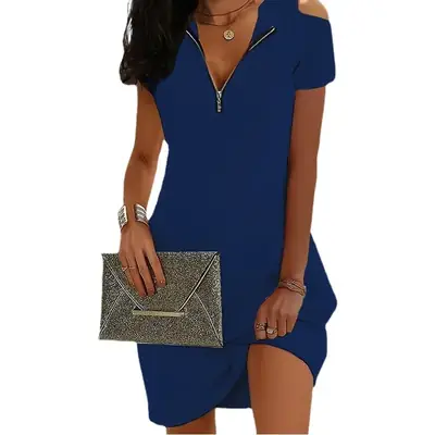 Blue Zipper Off-Shoulder Summer Dress for Women