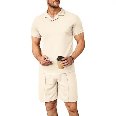 2023 Men Blue Waffle Polo Shirt Set Short Sleeve