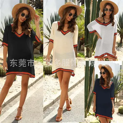Women's Black Hollow V-Neck Short Sleeve Beach Shirt with Red Embroidery