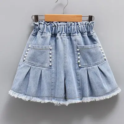 Girls Denim Shorts with Pearl Embellishment