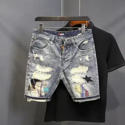 Men's Starry Denim Shorts Light Blue Ripped 5-Piece