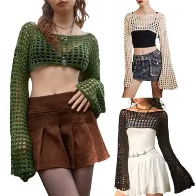 Green Hollow Crewneck Sunscreen Blouse for Women
