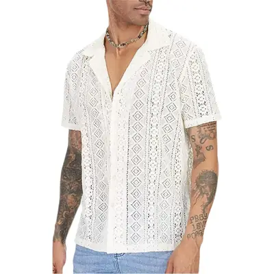 New Men's Black Lace Short Sleeve Shirt with See-Through Buttons