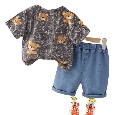 Children Cotton Bear Print Short Sleeve Suit Summer Boys