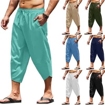 Men Cotton Linen Drawstring Cropped Shorts Solid Color