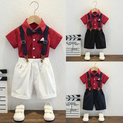 Boys Red Striped Shirt with Bow Tie & Strap Shorts Set