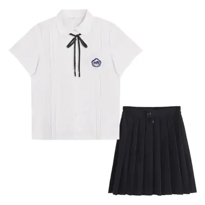 White Shirt & Black Organ Pleated Skirt Set
