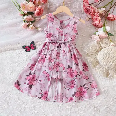 Pink Floral Sleeveless Skirt for Young Girls
