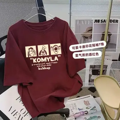 2025 Pure Cotton Loose T-Shirt Women Maroon 3 Small