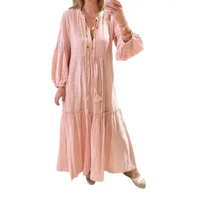 Women's V-Neck Bubble Sleeve Cotton Linen Dress Pink