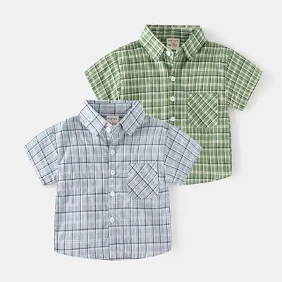 Kids Plaid Short Sleeve Shirt Blue White 2023