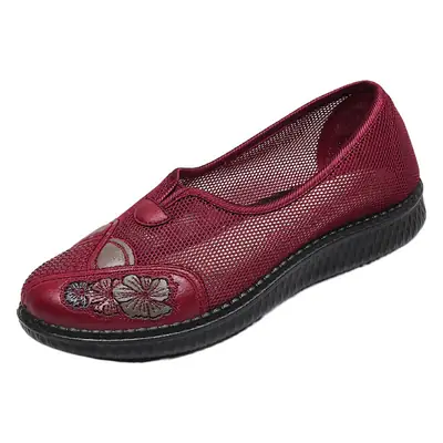 Women's Black Mesh Slip-On Shoes with Embroidered Design