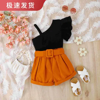 Baoxi Girls Summer Top Shorts Set Black Orange Belted