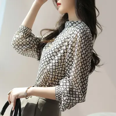 Slim Printed Silk Shirt with Double Heavy Neckline