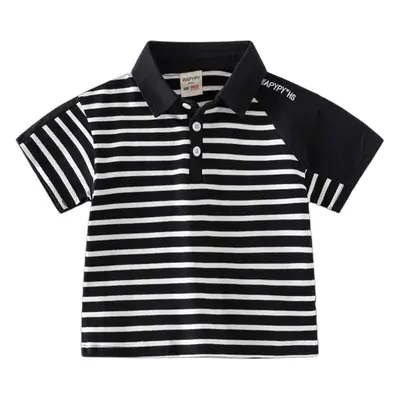 Kids Striped Polo T-Shirt Black White Korean Style