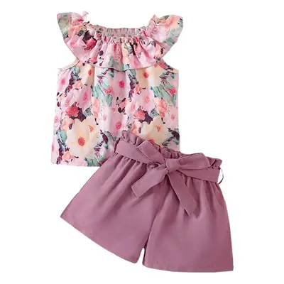 Girls Floral Print Shorts Set Purple Belted Summer