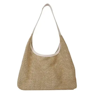 Beige Woven Women's Shoulder Tote Bag for Beach Travel