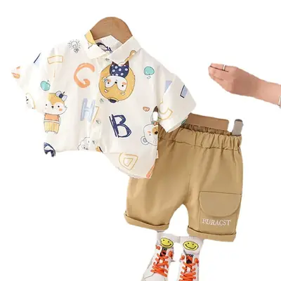 Kids Cotton T-Shirt Shorts Set Summer Blue Brown