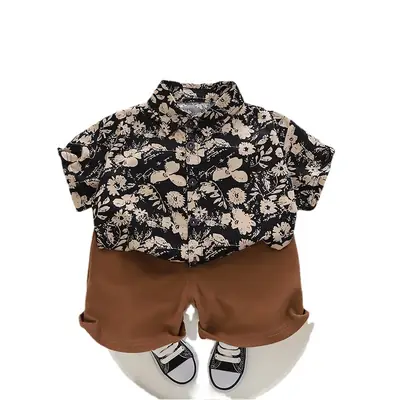 Brown Striped Cotton Shorts Suit for Boys Summer