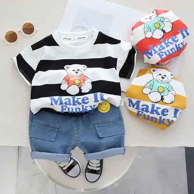 Children Cotton Bear Print Shorts Suit Summer Boys