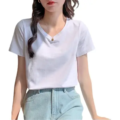 Pure Cotton White V-Neck T-Shirt Women 2025 Summer