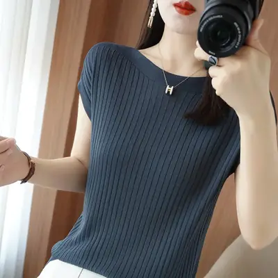 Women Curved Bead Ice Silk Knit T-Shirt 2025 Summer