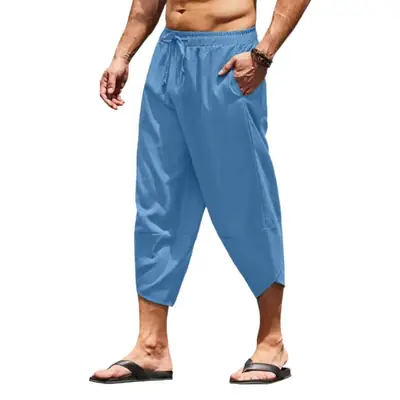 New Men's Black Cotton Linen Cropped Pants Drawstring Waist