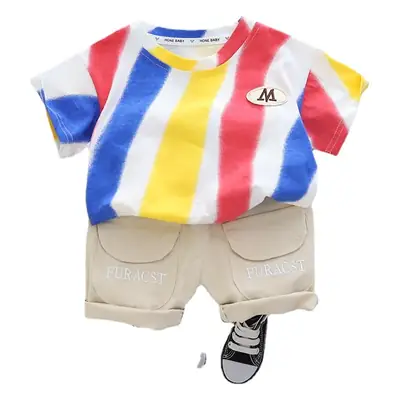 Children Striped Cotton T-Shirt & Shorts Set Pink Yellow Blue