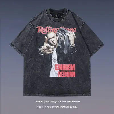 Eminem Portrait Print Vintage Short Sleeve T-Shirt for Men