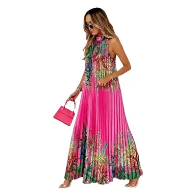 Printed Sleeveless Pleated Swing Dress Pink Yellow Large