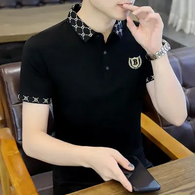 Men Black Lapel T-Shirt Short Sleeve Slim Fit