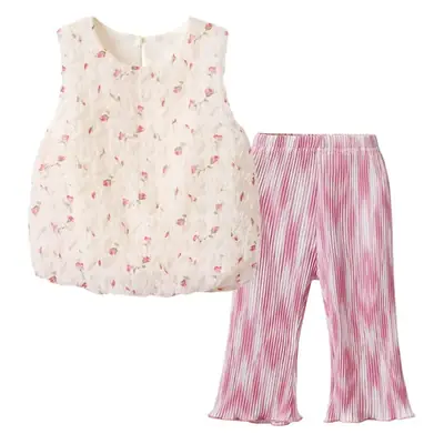Girls Korean Style Floral Vest Sleeveless Top Suit