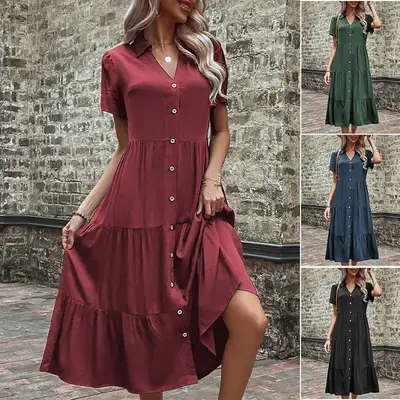 Women's Blue Button Front Summer Dress 2024