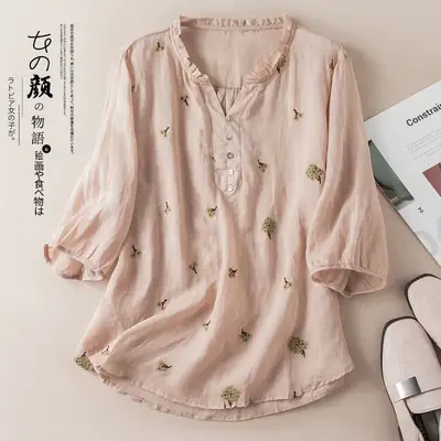 Women's Yellow Embroidered Cotton Linen Shirt with Ear Collar Half Sleeve