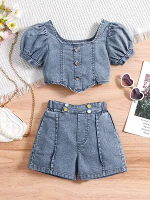Denim Shorts & Collar Top Set for Girls Summer