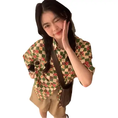 Women's Retro Hong Kong Style Printed Shirt Short Sleeve Pastoral