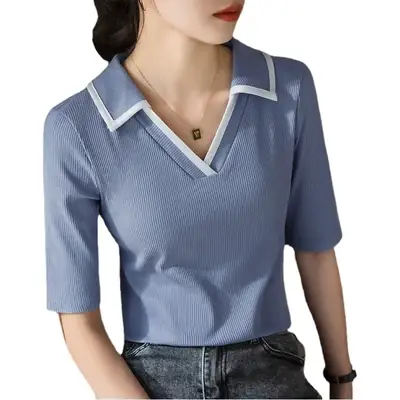 Women V-Neck Short Sleeve T-Shirt Blue White