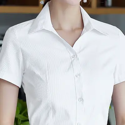 Women White Vertical Stripes Short Sleeve Shirt