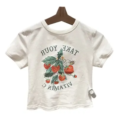 Women White Fruit Print Short Sleeve T-Shirt 2025