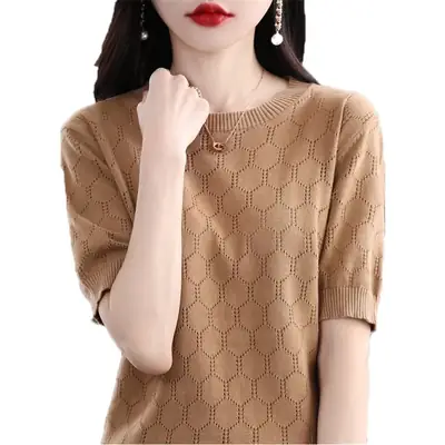 Women Cotton Knitted Short Sleeve T-Shirt Brown 2023