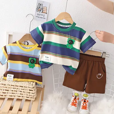 Children Cotton T-Shirt Shorts Set Brown Yellow Summer