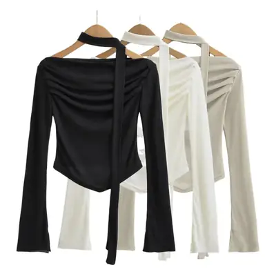 Women's 2023 Hot Girl Set White Long Sleeve One Shoulder Top with Low Waist Skirt