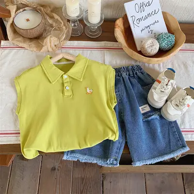 Kids Denim Polo Vest Top Suit Summer Boys Lime Green