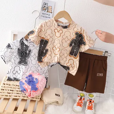 Children Cotton Printed T-Shirt Shorts Suit Brown White Summer
