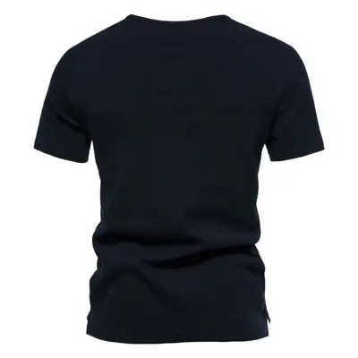 Men Black Cotton T-Shirt Short Sleeve Henry Button