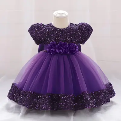 Purple Sequined Baby Girl Party Dress with Puffy Skirt