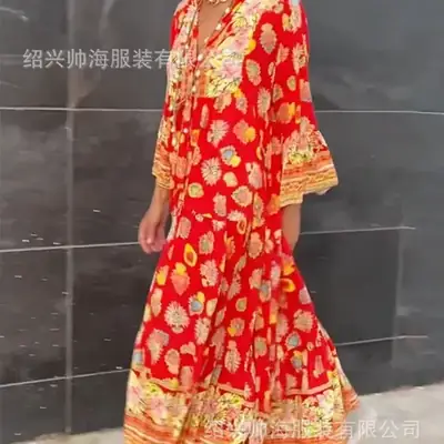 Red Floral Printed Long Sleeve Women's Dress