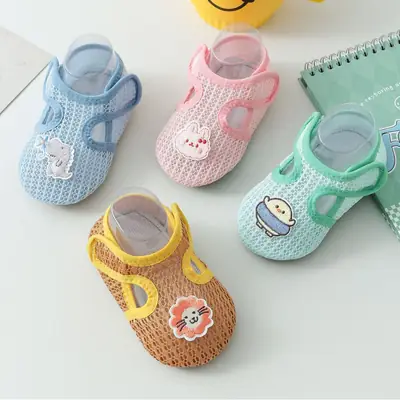 Baby Floor Shoes and Socks, Summer Breathable Mesh Thin Style with Velcro, Cartoon Children's Walking Socks, Non-Slip with Adhesive Dots, Easy to Wear